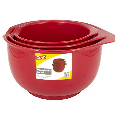 Glad Red 3 Piece Mixing Bowl Set Three Sizes Perfect for Baking and