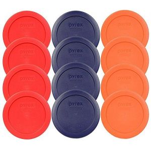 Pyrex 2 Cup Round Storage Lid #7200-PC for Glass Mixing Bowl-12 Pack (4-Red,4-Blue,4-Orange)
