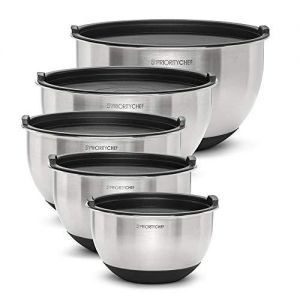 PriorityChef 5 Piece Mixing Bowls With Lids, Large 5 Quart Capacity, Stainless Steel, Non Slip Silicone Bottom, Stackable For Minimal Storage, Black Base