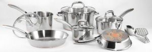 T-fal C798SC64 Ultimate Stainless Steel Copper-Bottom Heavy Gauge Multi-Layer Base Dishwasher Safe PFOA Free Oven Safe Cookware Set, 12-Piece, Silver