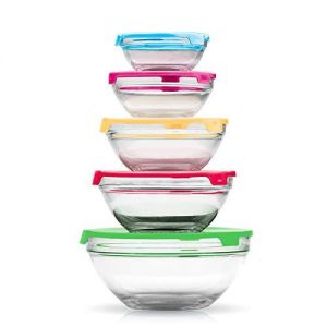 Stackable Glass Lunch Bowls / Multi Purpose Food Containers with Multi-Color Lids - 10 Piece Set (2 Pack)