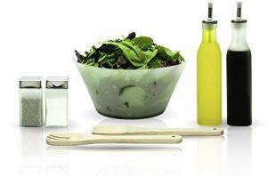 Glass Salad Bowl and Mixing Bowl Set with Kitchen Utensils, Shakers, and Cruets - Frosted Design (7 Piece Kit)