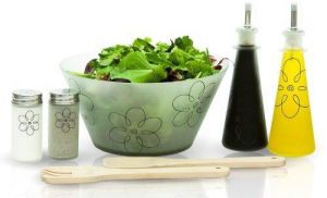 The Complete Salad Glass Mixing Bowl Set with Cruets, Shakers, and Utensils - 7 Pcs Kit - Frosted Flower Design