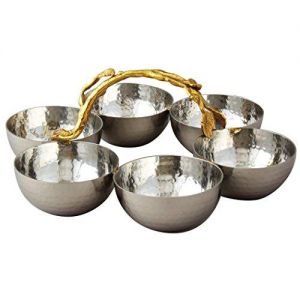 Elegance Golden Vine Hammered Stainless Steel Bowl Server, Silver/Gold, Set of 6