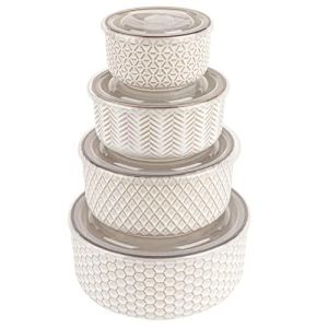 KooK Ceramic Nesting Bowls with Lids, Embossed, Food Storage