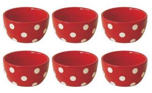 Terramoto Ceramic Polka Dots 4-Inch Pinch Bowls, White on Red, Set of 6