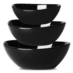 Hasense Porcelain Mixing Bowls Set of 3, Black Salad Bowls,