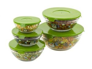 5 Pc Nesting Glass Bowls - Multi Purpose Travel Food Containers - Lunch Bowl w/ Lids & Owl Design