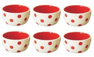 Terramoto Ceramic Polka Dots 4-Inch Pinch Bowls, Red on White, Set of 6